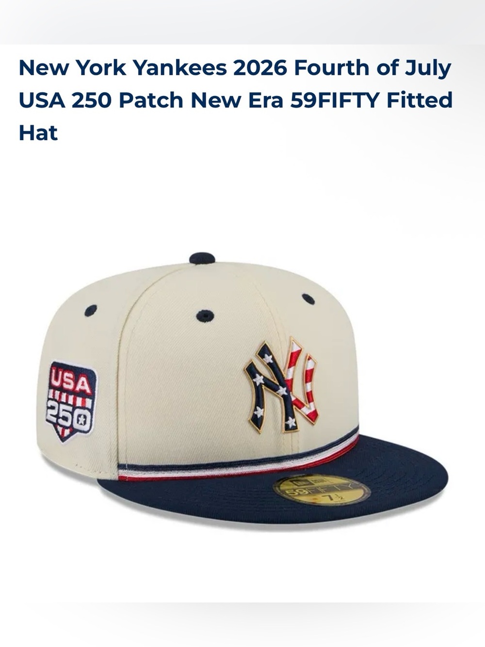 New Era New York Yankees Cream & Navy USA 250 59FIFTY Fitted Hat 7.5